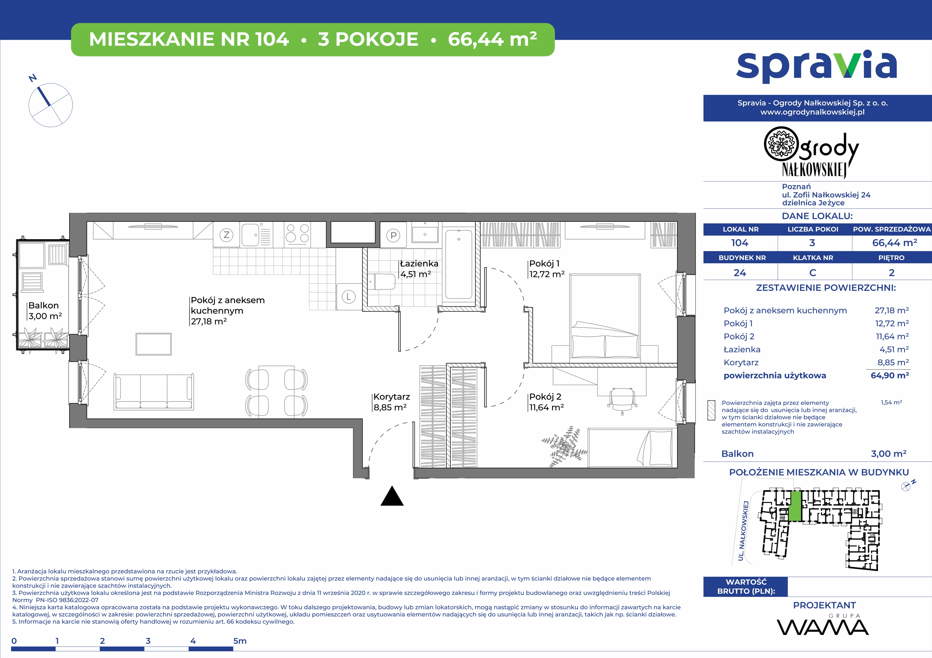 3 pokoje, mieszkanie 66,44 m², piętro 2, oferta nr 24-104, Ogrody Nałkowskiej, Poznań, Ogrody, ul. Nałkowskiej 24, 26